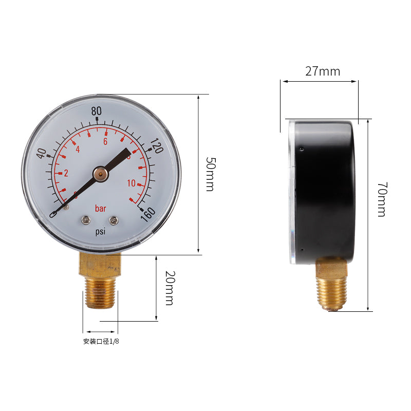 TS-Z53 Water Pressure Gauge Dual Scale Gas Pressure Gauge 0-160 PSI / 0-11 Bar Test Range Oil Pressure Gauge TS-Z53 Water Pressure Gauge Dual Scale Gas Pressure Gauge 0-160 PSI / 0-11 Bar Test Range Oil Pressure Gauge